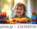 Happy curly toddler boy playing with colorful children's construction set on a sunny day. Children's games and childhood 116368530