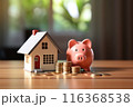 House and pig piggy bank with coins. Real estate and savings. Saving money to maintain property. Municipal budget for the maintenance of buildings. Price cost estimate. Payment of taxes and utilities 116368538