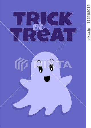 Trick Or Treat Vector Greeting Card. Cute Halloween Ghosts on Blue Background. Poster in Flat Cartoon style 116308016