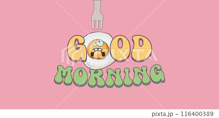 Good morning quote with cute egg character and groovy retro text isolated on pink background. Vector good morning funny slogan and morning cute fried egg. Banner, poster, cafe menu design template 116400389