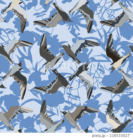 Seamless pattern with black headed seagulls. Hand drawn black and white vector illustration. Vector illustration 116533027