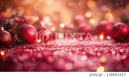 Christmas background. Red glitter bokeh vintage lights background. New Year 2025 banner mockup 116661417