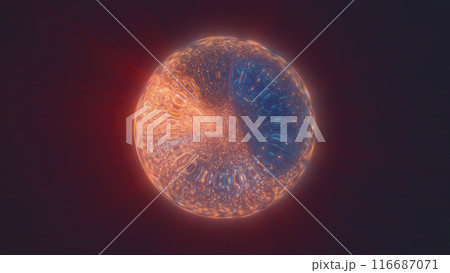 Abstract red bright glowing background with a sphere core atom energy burning ball circle made of waves of energy rays and plasma with light 116687071