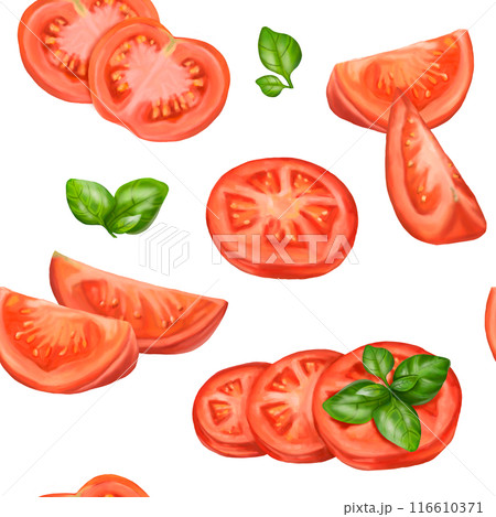 Seamless pattern with red ripe juicy slices and tomato slices. A healthy diet of vegetables and ingredients. Floral background for packaging and textiles. Digital isolated illustration 116610371