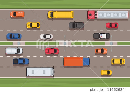 Road interchange traffic top view. City street with cars. Straight three lane highway with broken line markings. Transport speed moving. Urban automobile transportation. Vector concept 116626244