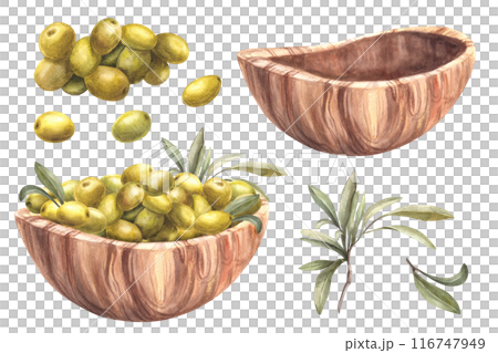 Green olives in a wooden bowl set Watercolor painted Olive leaves and fruits in a brown dish, ecological kitchenware. Hand drawn illustration Food clipart for menu, label design on isolated background 116747949