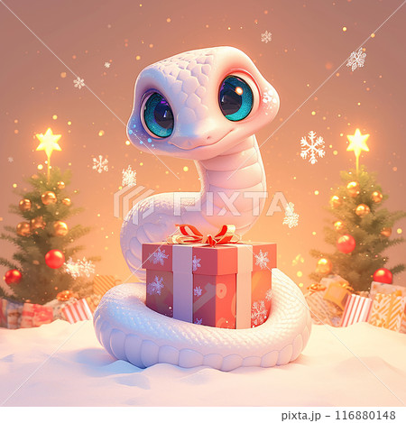 A white snake is holding a red box with a bow on it. The scene is set in a snowy environment with two Christmas trees in the background. Scene is festive and playful 116880148