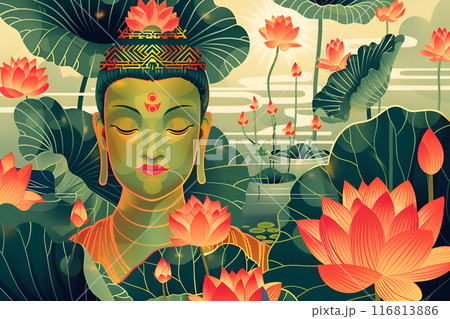 Buddha Siddhartha meditating. Background of lotus. Vesak day. Mindfulness concept 116813886