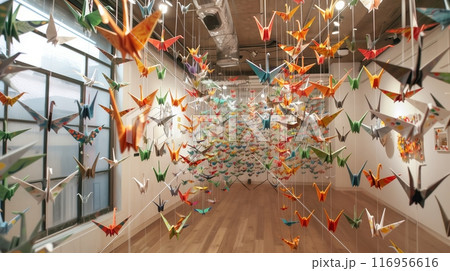 A room with hanging paper cranes, each a unique wish, captivates visitors, intertwining hope and art. 116956616