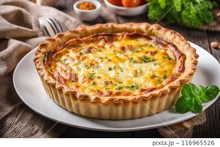 Quiche Lorraine, a savory French tart featuring a rich filling of cream, eggs and bacon or ham, baked fresh from the oven and ready to enjoy. AI Generated 116965526