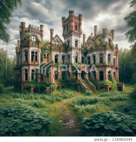 Overgrown Ruins of an Old Castle in a Forest Clearing. AI Generated 116969395