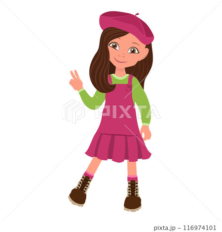 Flat Vector Illustration of Kid Girl in Red Dress and Beret, Cartoon Character Set For Animation, Various Views, Poses and Gestures. Item 5 116974101