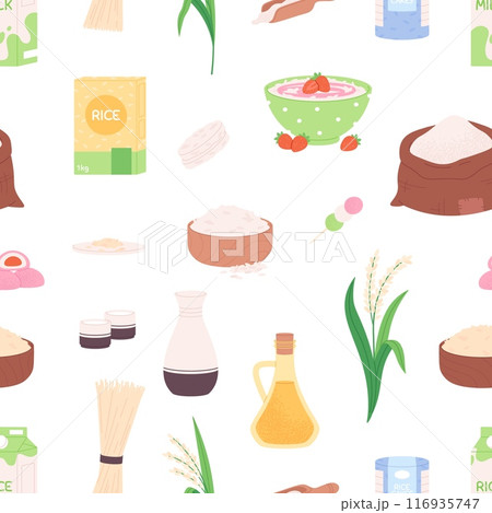 Rice products seamless pattern. Plants cereals, drinks. Rice milk and sake, porridge snacks and sweets. Japanese korean chinese food, vector background 116935747