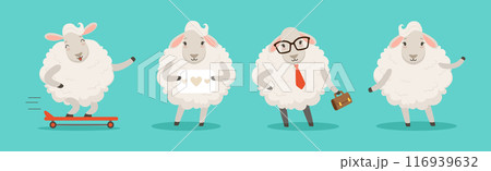 Wooly White Sheep Character Engaged in Different Activity Vector Set 116939632