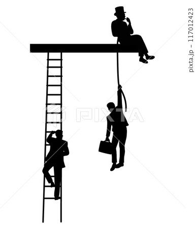 Concept of self-made individuals and those who rise through connections, own efforts vs assistance from networks and family, man climbing ladder and man being pulled up silhouette 117012423