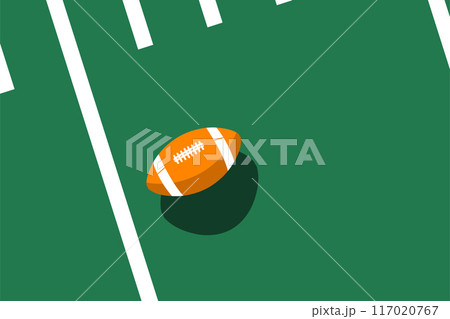 Ball casts a shadow on football field, top view, american football gridiron, view from above, poster with space for text, vector 117020767