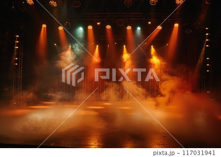 Illuminated foggy stage with scenic blue lights and smoke 117031941