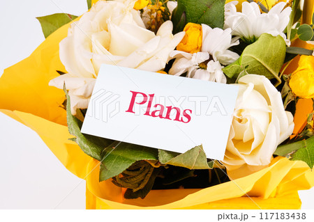 The concept word Plans on a white business card against a background of fresh flowers. The concept of love and joy 117183438