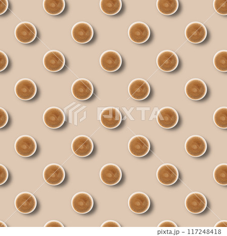 Seamless pattern with black aromatic coffee in a paper craft cup on a brown background. Top view. 117248418