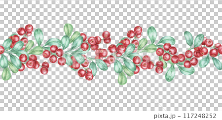 Cranberry seamless border watercolor clipart featuring intertwined lingonberry branches with bright red berries and green leaves. Perfect for recipe book illustrations, festive banners, or gift tags 117248252