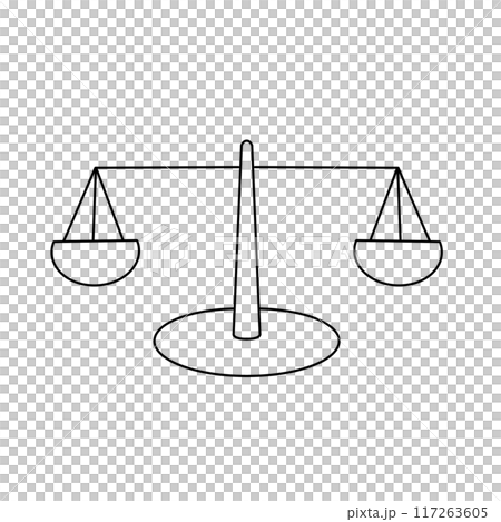 A black and white drawing of a scale with two equal weights on each side 117263605