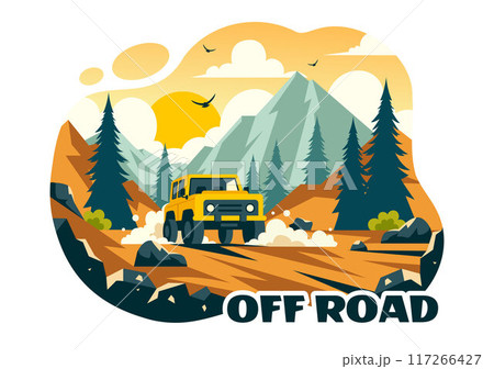 Off Road Vector Illustration of a Jeep or SUV Traversing Rocky Terrain, Rivers, and Sand in a Flat Extreme Sport Style Cartoon Background 117266427