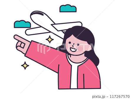 飛行機で旅に出る女性のイラスト 117267570