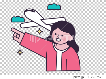 飛行機で旅に出る女性のイラスト 117267570