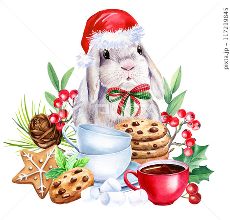 Christmas bunny watercolor on a white background. Hand-drawn Christmas greeting card, winter holiday poster 117219845