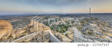 Aerial panoramic view of Monsanto, Portugal on a mountaintop at sunrise 117357337