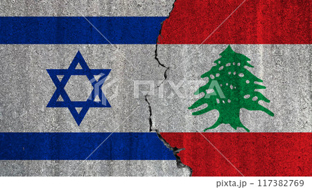 Israel against Lebanon, the flags of the two countries painted on a concrete wall separated by a crack 117382769