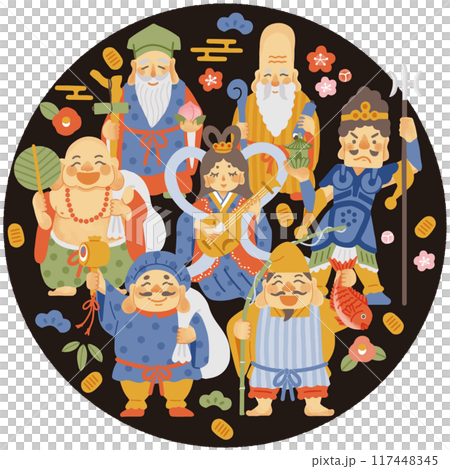 Simple and cute circular frame with illustrations of the Seven Lucky Gods 117448345