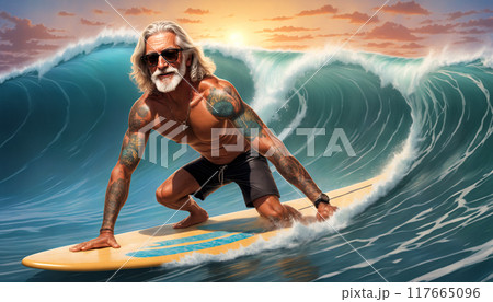 Well-built grandpa surfs on a surfboard, riding a wave. Retiree on a well-deserved retirement showing exceptional surfing skills. Living with a style. 117665096