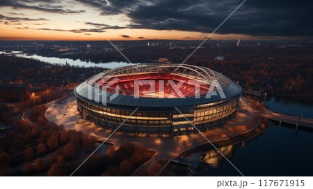 The football stadium from a bird's eye view reveals meticulous details Football stadium stands are vast. Football stadium readies for the game 117671915