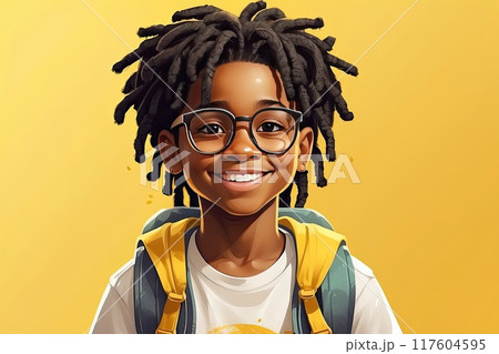 Portrait of a dark-skinned schoolboy with glasses, dreadlocks on a yellow background, with a backpack. Back to school, correction of pupil eyesight. AI generated 117604595