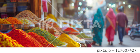 Vibrant Spices and Traditional Market Scene in India, AI-generated item 117607427