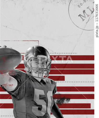 Poster. Contemporary artwork. Football player confidently holds ball against background of red and white stripes. Paper texture. Vintage style design. 117631666