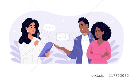 Pregnancy planning concept. Happy young couple planning pregnancy. Patients speak with their family doctor. A smiling married couple consults with a medical professional. Flat vector illustration. 117753086