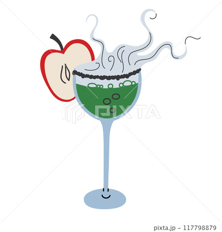 Vector illustration of Halloween cocktail with dry ice, mysterious poison apple drink for horror parties, spooky green bubbling beverage with steam, punch or sangria in wine glass, mixology icon 117798879