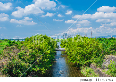 枚方市を流れる清流天野川　淀川合流地点　大阪府枚方市 117705703