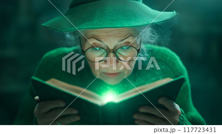 Elderly woman in green reading a glowing book indoors 117723431