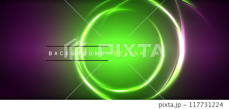 Neon glowing circle rays, light round lines in the dark, planet style neon wave lines. Energetic electric concept design for wallpaper, banner, background 117731224