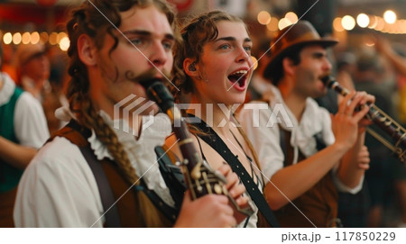 Oktoberfest . Oompah bands play traditional Bavarian music, and people sing along and clap their hands. 117850229