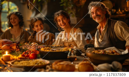 Warm and inviting image of a family gathering around a table, enjoying a home-cooked meal together 117837809