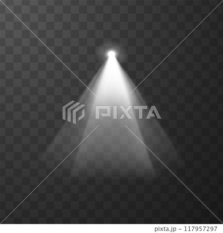 Spotlight cone vector effect, white projector light beam from top, bright lighting with spotlight, illuminated blur rays 117957297