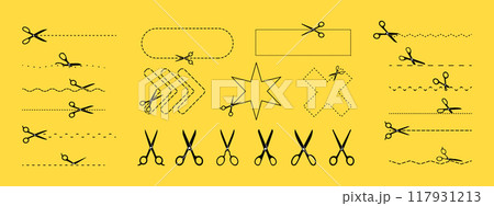 Set of scissors icons with dotted lines and geometric shapes isolated on yellow background. Cut here symbol. 117931213