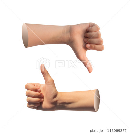 Thumb up and down gesture, kids hand showing like and dislike isolated on white background 118069275