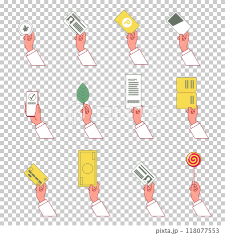 Illustration set of hands holding various types of cards 118077553