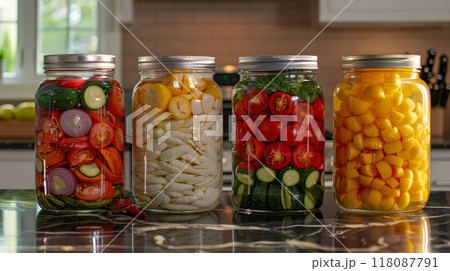 Vibrant Pickled Vegetables in Glass Jars: Fresh and Colorful Preserved Garden Produce 118087791