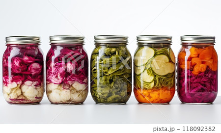 Assorted pickled or fermented vegetables in jars on white, sealed and stored 118092382